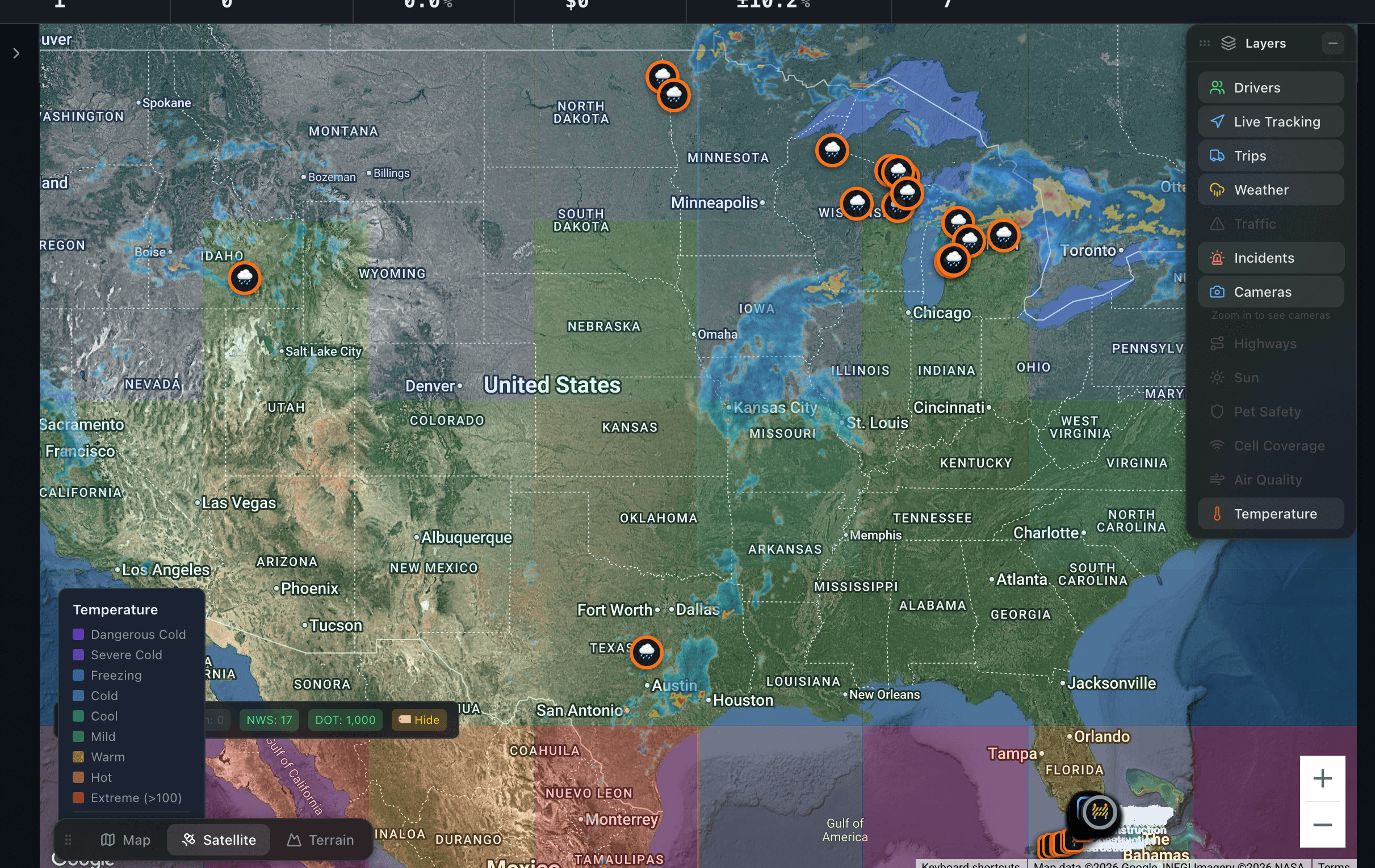 PAX Safety HQ dashboard showing temperature monitoring along transport routes