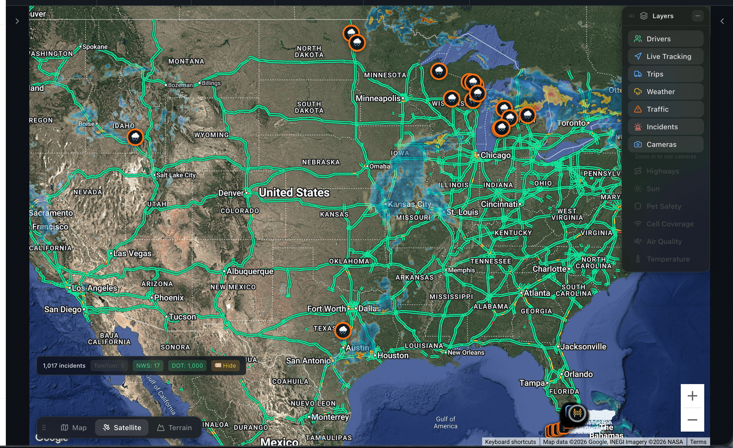 PAX Safety HQ dashboard showing live weather tracking and storm systems
